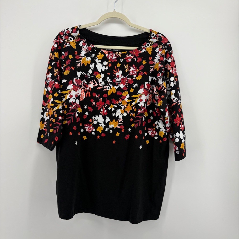 Jessica London Womens 14/16 Black Floral 3/4 Sleeve Button Shoulder Knit Top